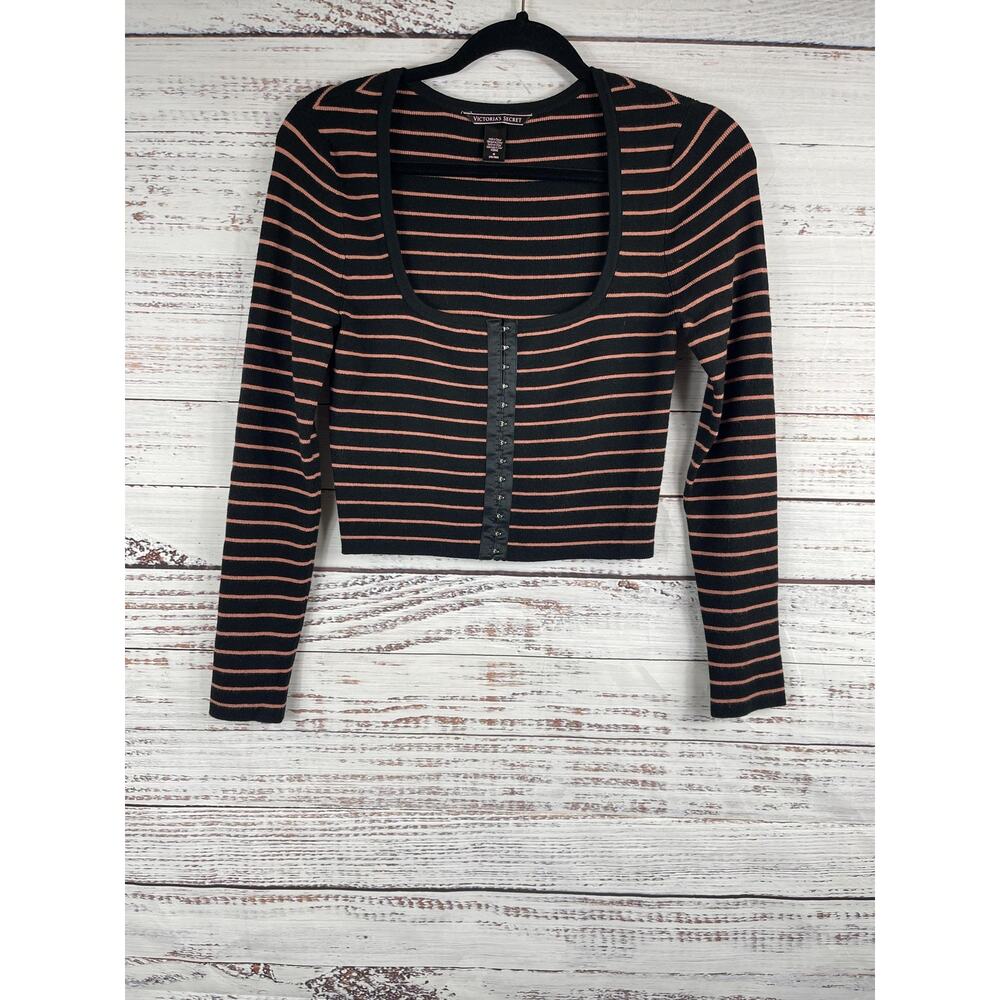 Victoria's Secret Sweater Women's Size M Striped Long Sleeve Crop Hook Front Top - Picture 2 of 8